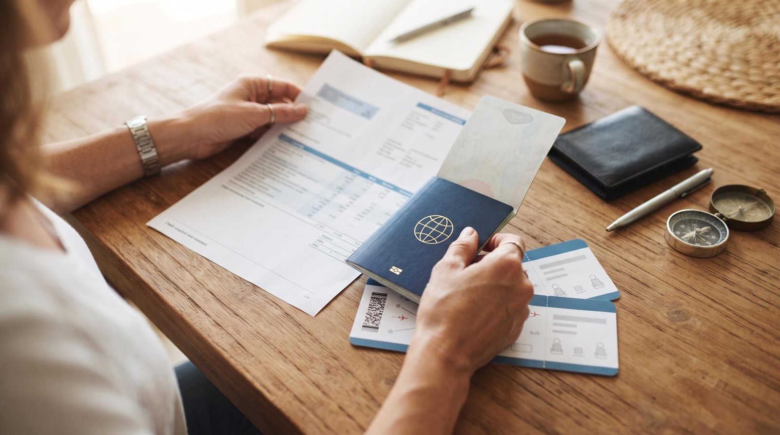 Manos revisando un estado de cuenta de tarjeta de crédito junto a un pasaporte y boletos de avión sobre una mesa de madera, con tonos cálidos 
