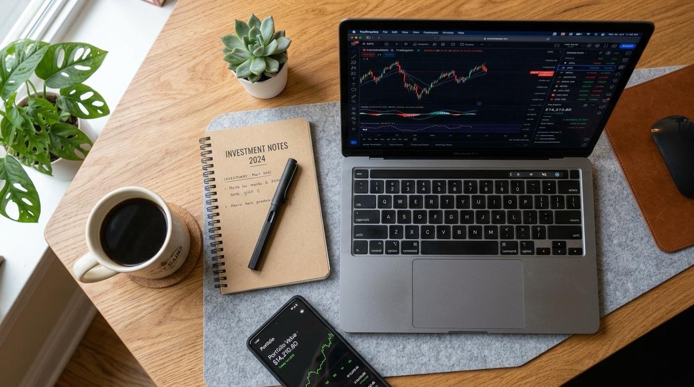 Escritorio con portátil mostrando gráficos financieros, cuaderno de inversiones, taza de café, smartphone con datos de portafolio y plantas decorativas
