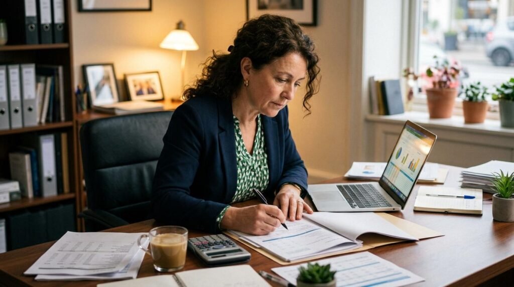 Persona dueña de una pyme revisando documentos financieros sobre un escritorio de madera con calculadora, reportes y una computadora portátil, en una