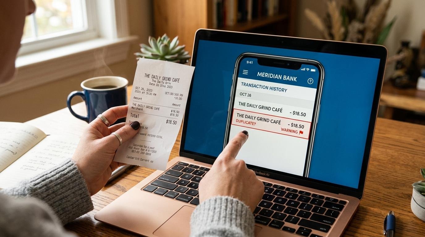 Cómo detectar dobles cobros en compras online y reclamar tu reembolso paso a paso 1 Primer plano de manos sosteniendo un recibo de compra de papel junto a una pantalla de computadora portátil abierta en una aplicación bancaria, en un