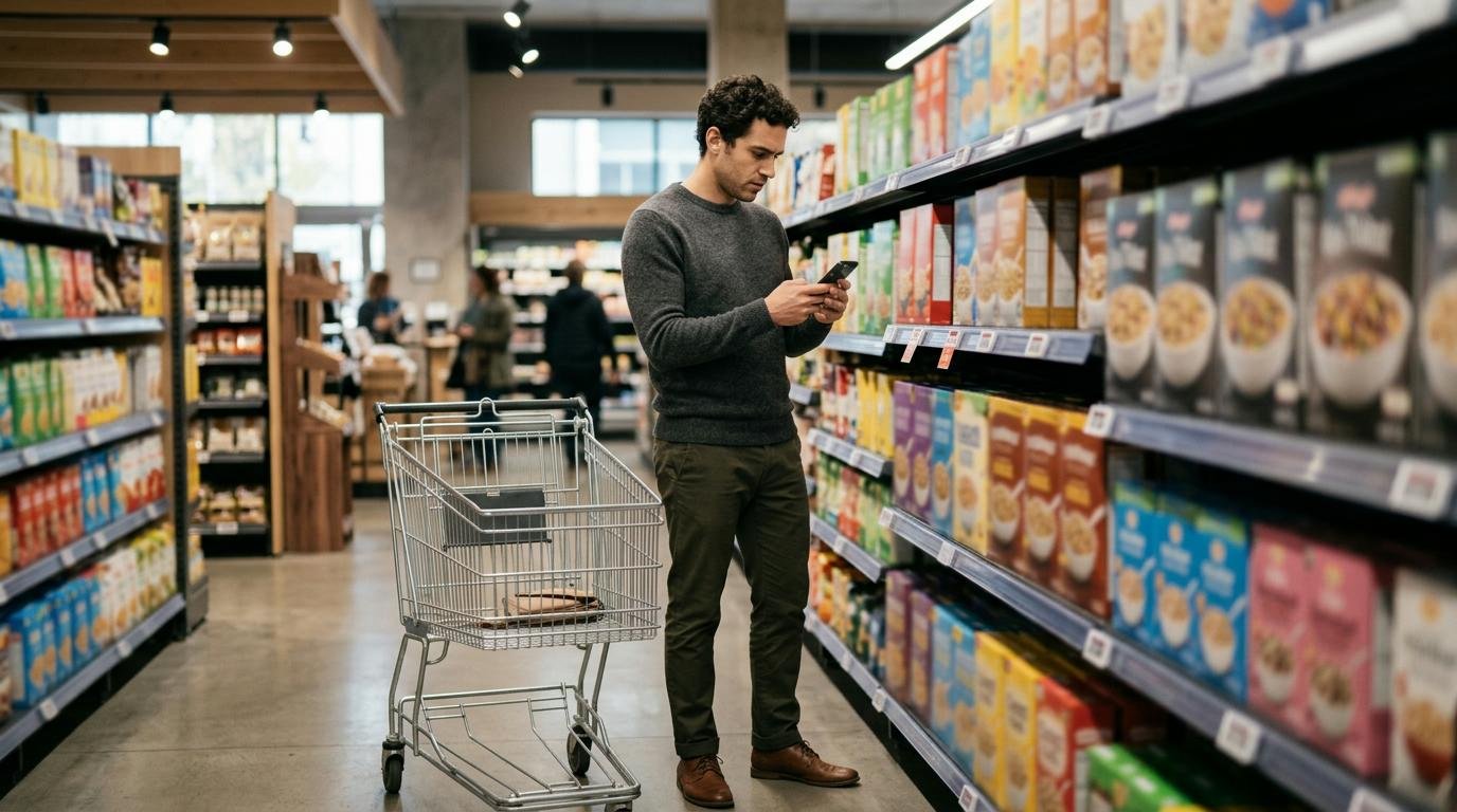 Una persona comparando precios en su teléfono móvil mientras observa productos en una tienda moderna, con expresión analítica y cuidadosa, carrito de compras
