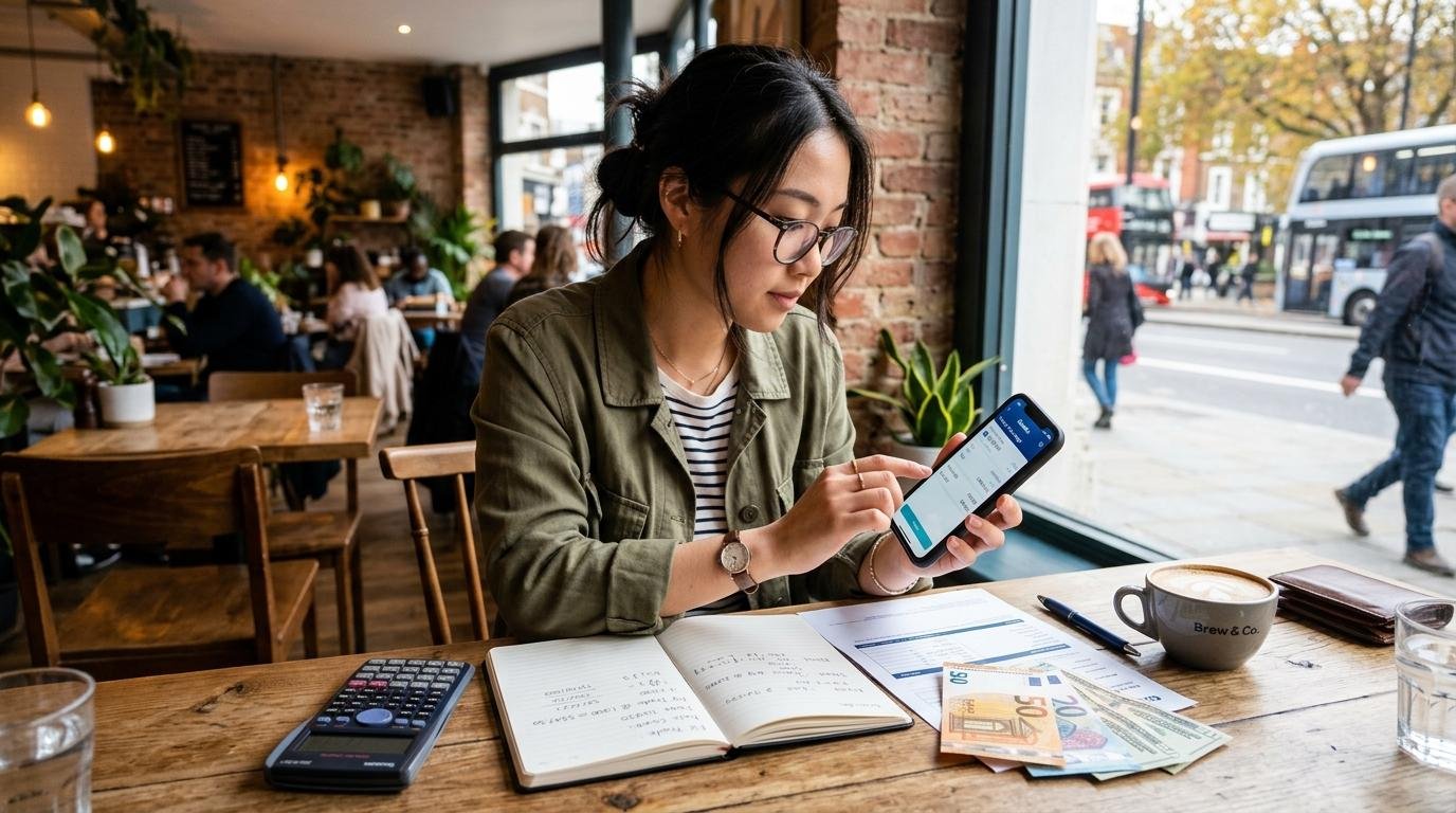 Persona joven revisando su smartphone en un café moderno mientras gestiona una operación financiera, con una calculadora y documentos ordenados 
