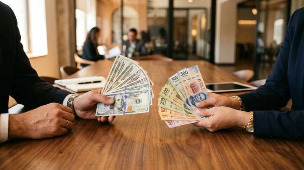 Manos sosteniendo billetes de dólares estadounidenses y pesos mexicanos sobre una mesa moderna de madera, con iluminación cálida y ambiente profesional