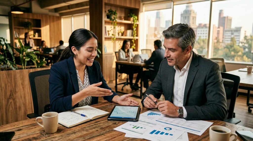 Dos personas en un escritorio moderno revisando una tablet y documentos financieros, una con actitud de vendedora y otra con actitud de inversionista