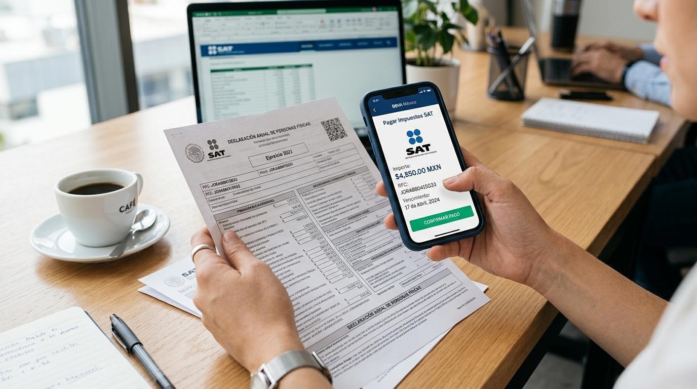  Persona sostiene documento de declaración anual y celular con app SAT en escritorio de oficina
