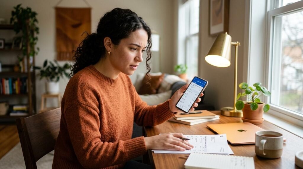 Persona revisando el estado de cuenta de su tarjeta en un teléfono móvil con expresión concentrada, sentada en un escritorio moderno y acogedor con to
