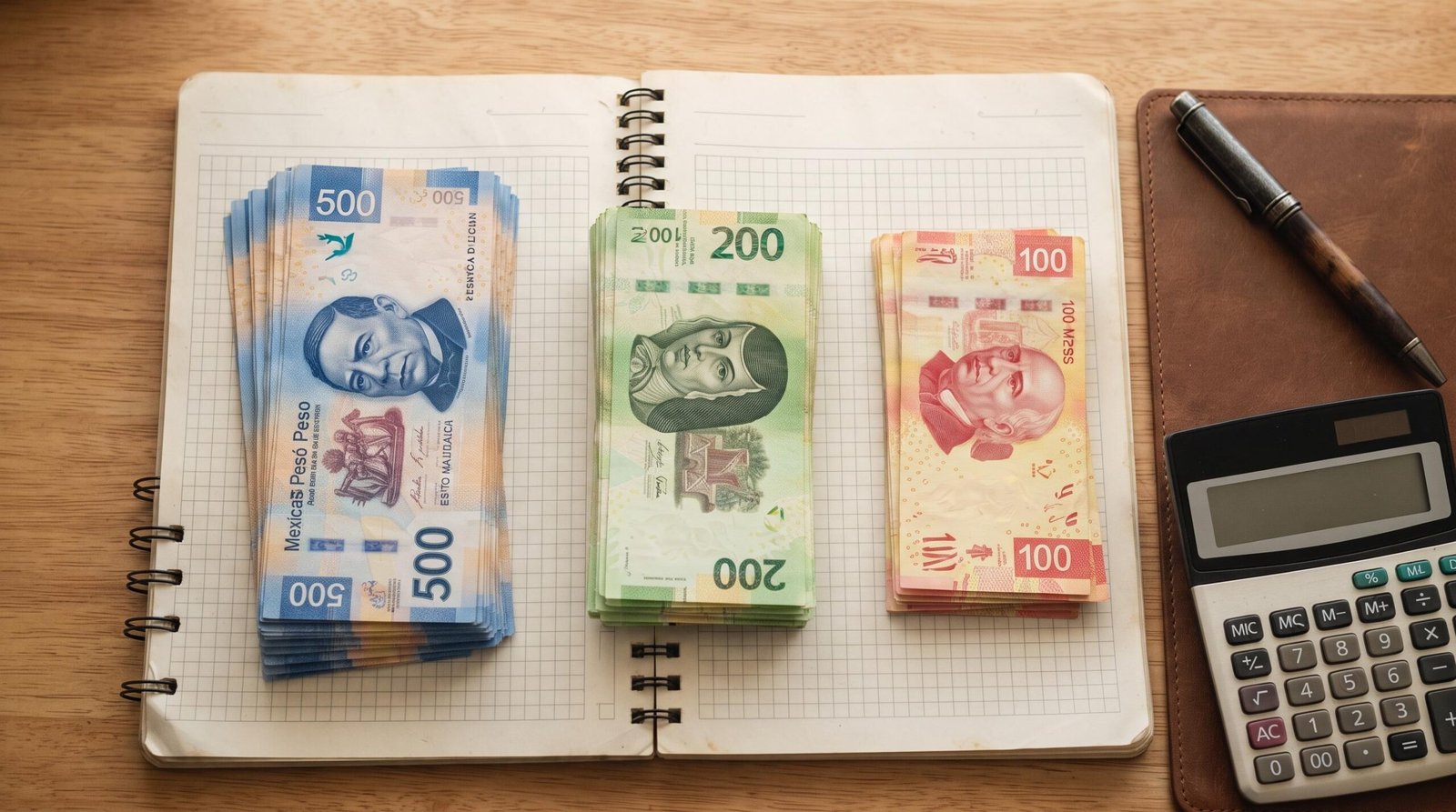 Vista desde arriba de billetes de pesos mexicanos divididos en tres montos sobre una libreta de notas, acompañados de una calculadora y una pluma
