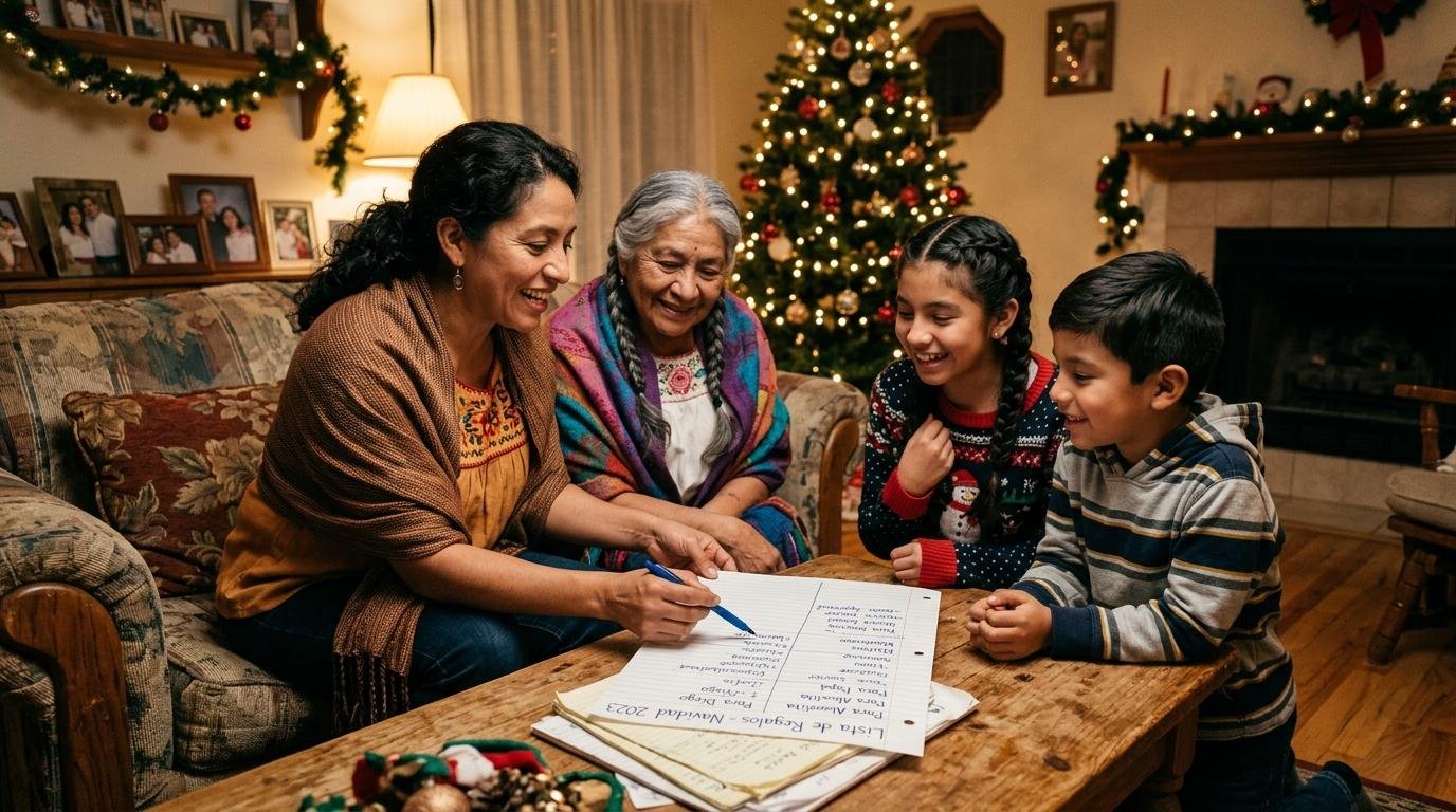 Cómo planificar tus gastos navideños sin endeudarme: estrategias que van más allá del presupuesto 2 Una familia mexicana reunida en una sala acogedora revisando una lista de regalos escrita a mano, con la madre señalando categorías