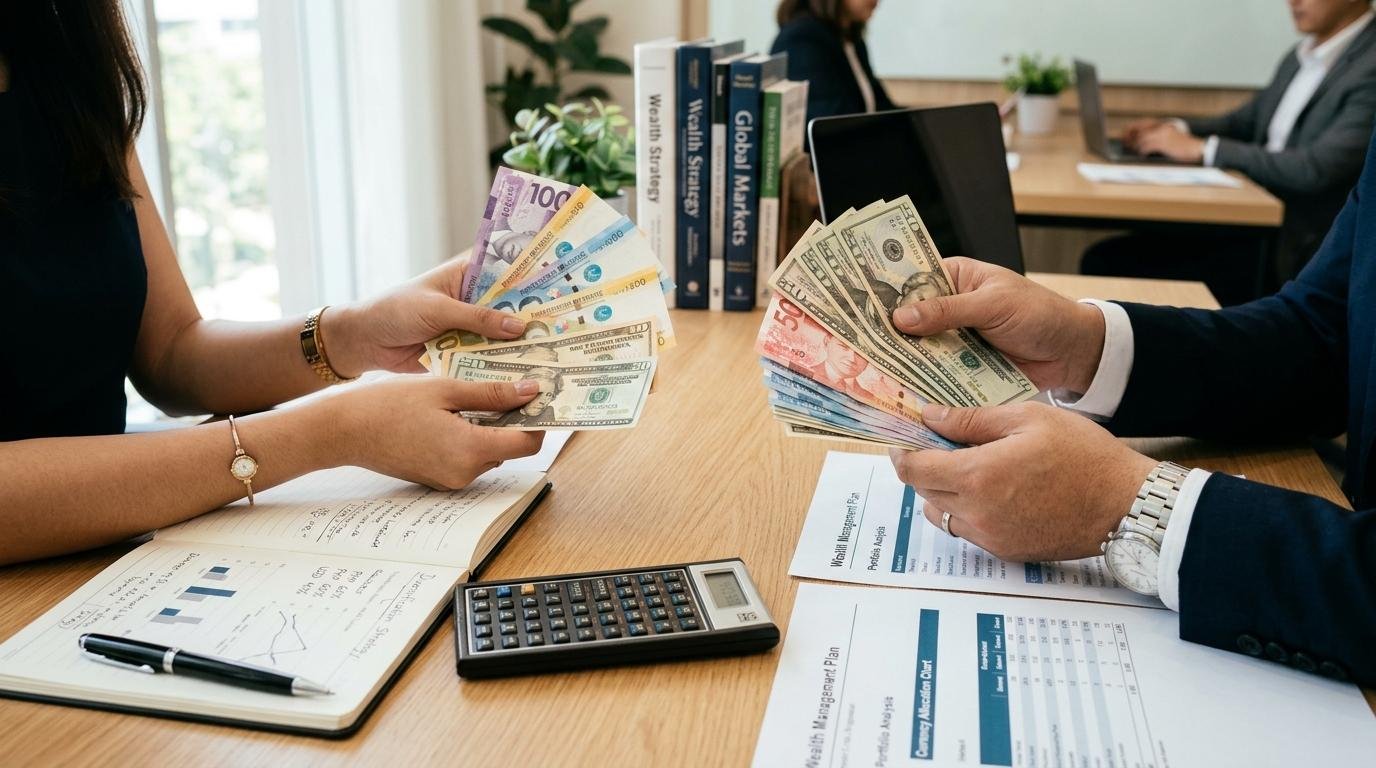 Dos personas cuentan billetes de diferentes monedas sobre una mesa con documentos financieros y una calculadora
