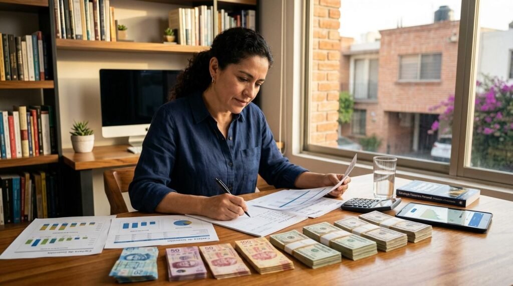 Persona escribiendo en documentos con pilas de billetes y gráficos financieros sobre escritorio de madera