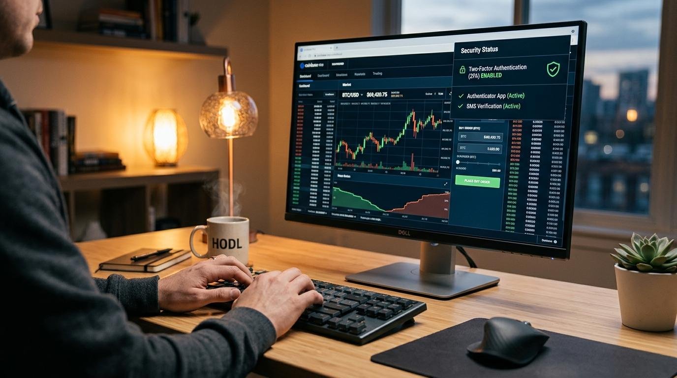 Persona usando teclado frente a monitor con gráficos financieros y ventana de autenticación de dos factores visible
