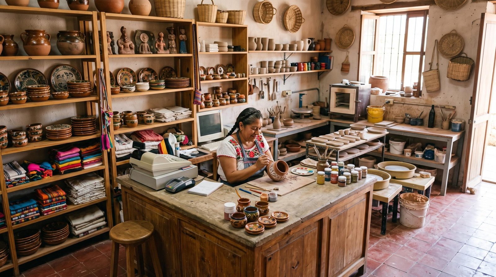 Interior de un pequeño comercio o taller mexicano ordenado con inventario en estantes, mostrador de atención y equipo de trabajo visible, reflejando a