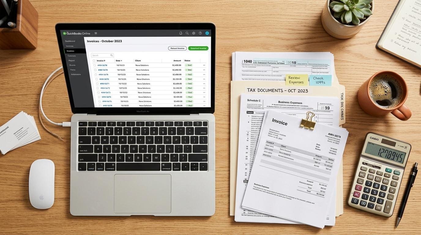 Cómo el SAT rastrea transacciones digitales en México y qué debes saber al respecto 2 Una vista superior de una laptop mostrando facturas electrónicas en la pantalla junto con documentos fiscales ordenados sobre una mesa de trabajo mode