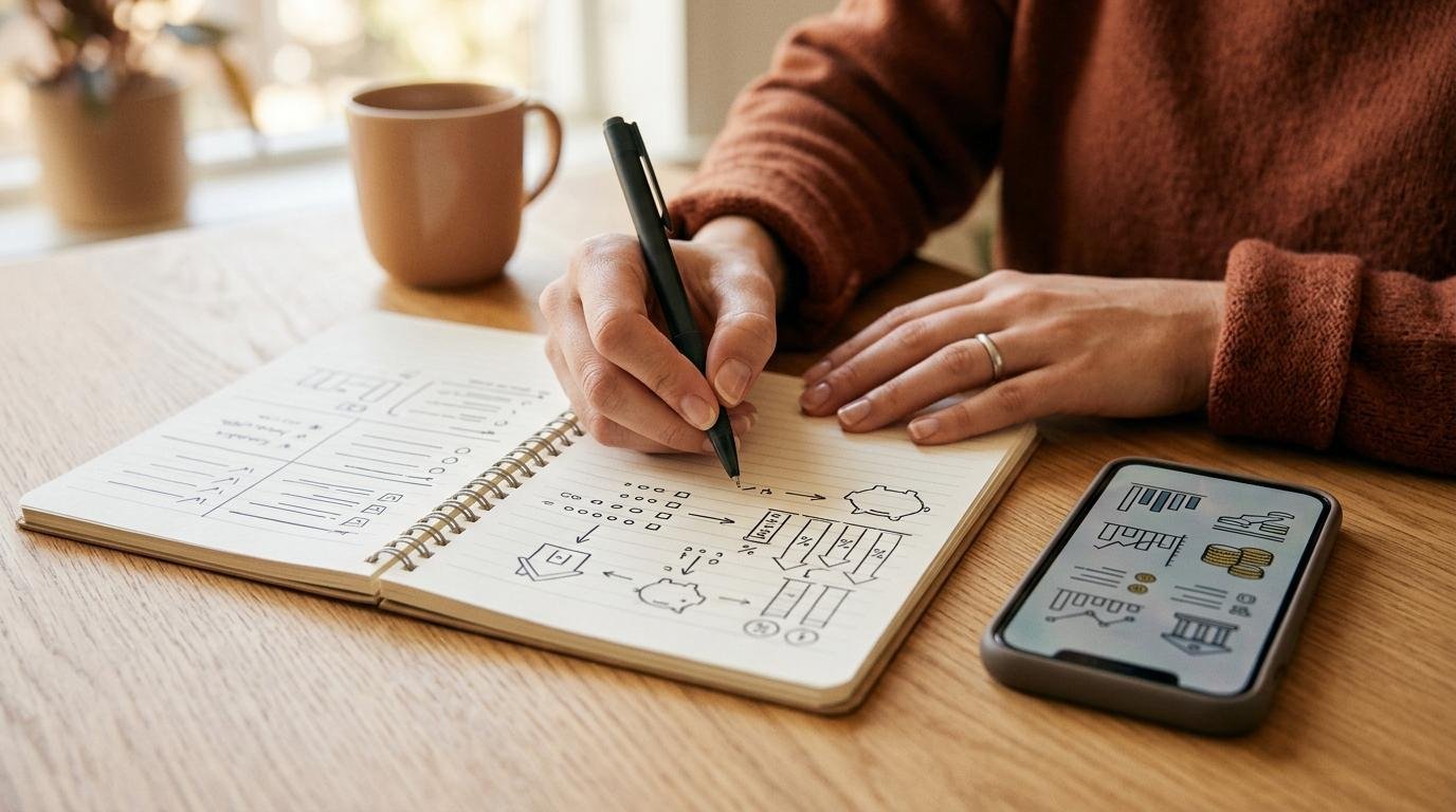 Cofrinhos de Mercado Pago: qué son, cómo funcionan y en qué países están disponibles 2 Vista en primer plano de manos escribiendo en una libreta junto a un smartphone sobre una mesa clara, representando la planificación financiera paso a paso