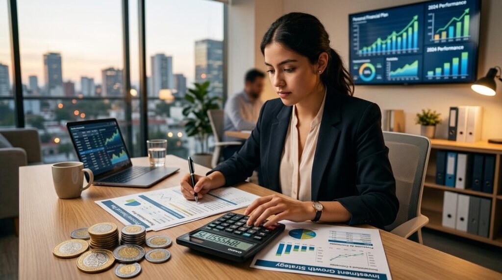 Persona escribiendo en documentos financieros con calculadora, monedas y gráficos en escritorio de oficina moderna