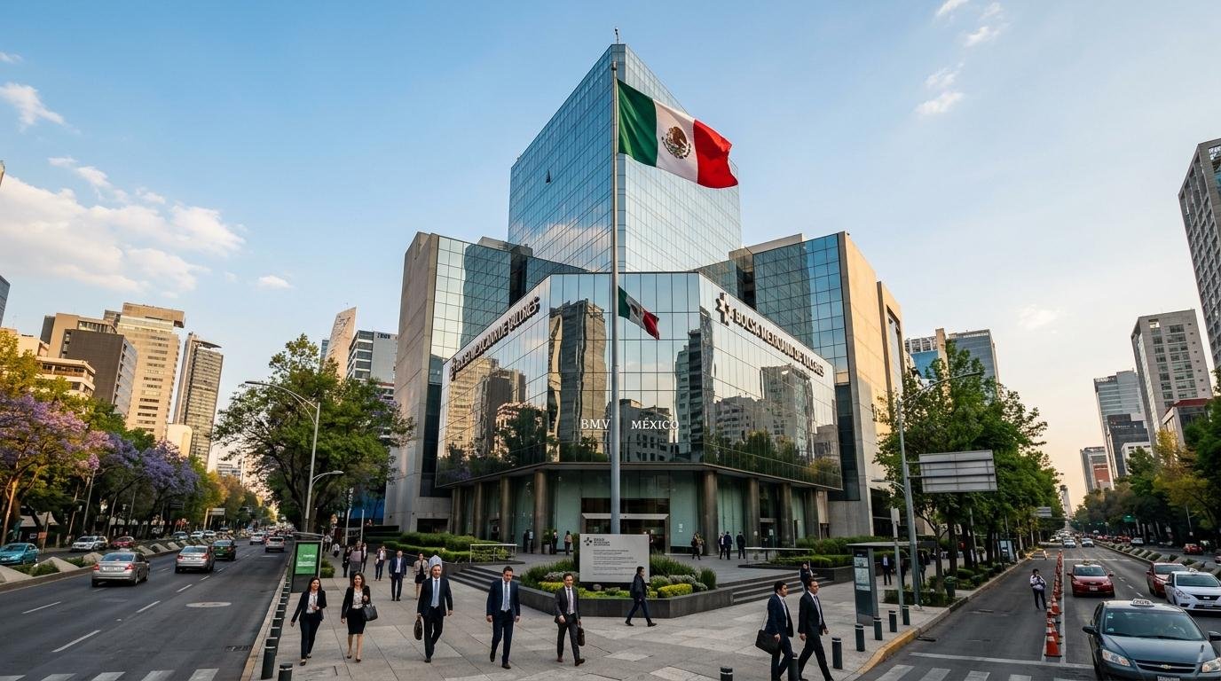 Edificio institucional de arquitectura contemporánea en la Ciudad de México con cristales reflectantes y bandera mexicana ondeando suavemente 