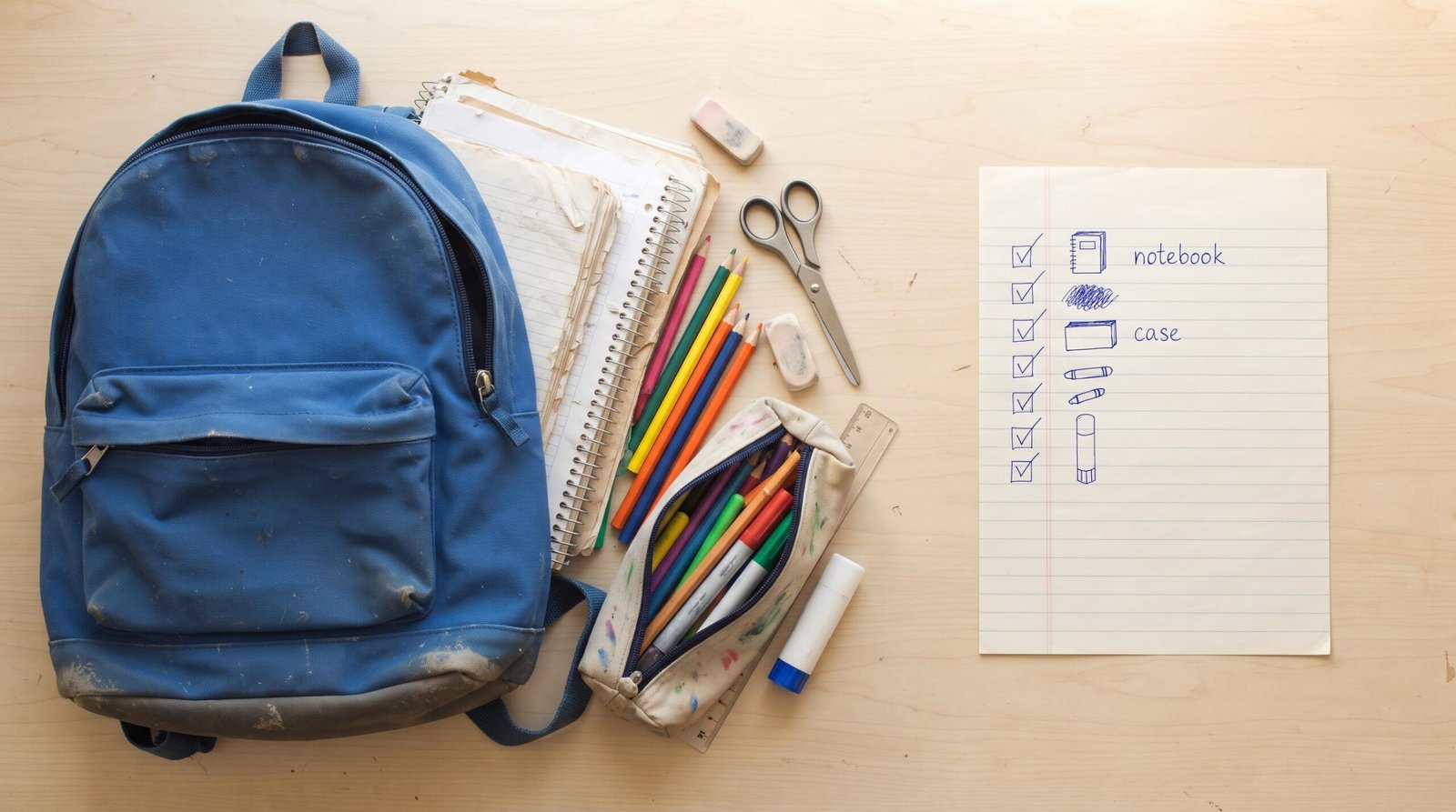 Vista aérea de útiles escolares usados en buen estado como mochila, cuadernos y colores dispuestos sobre una superficie clara, junto a una lista escrita a mano
