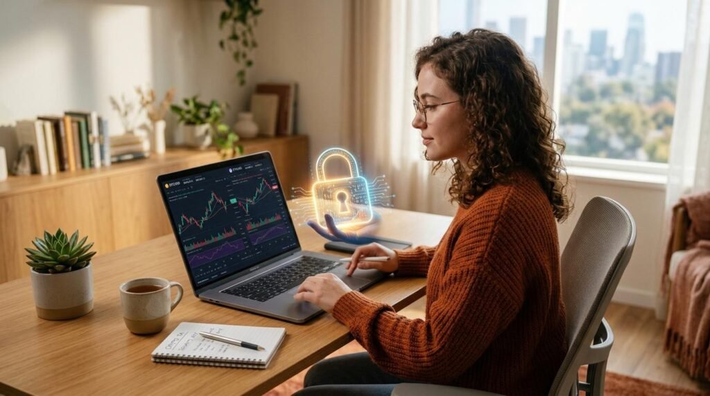 Persona con suéter naranja usando computadora portátil con gráficos financieros y un candado holográfico sobre la mesa