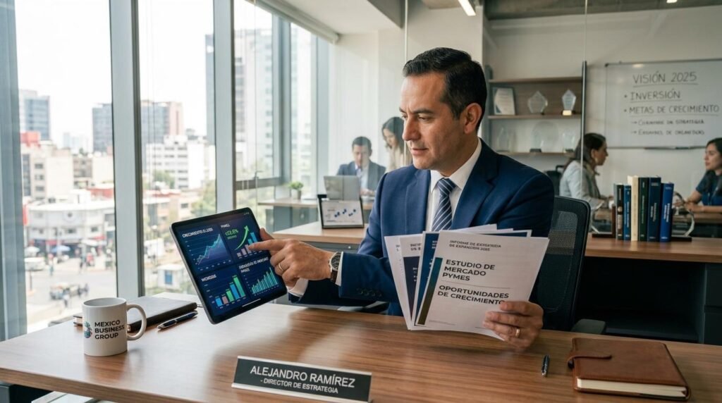 Empresario mexicano en su negocio, un taller iluminado con luz cálida y dorada, sosteniendo una tablet mientras revisa cifras