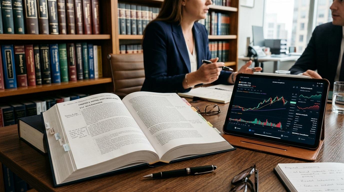 Primer plano de una ley de tecnología financiera abierta junto a una tablet que muestra gráficos de activos virtuales, en una oficina profesional 
