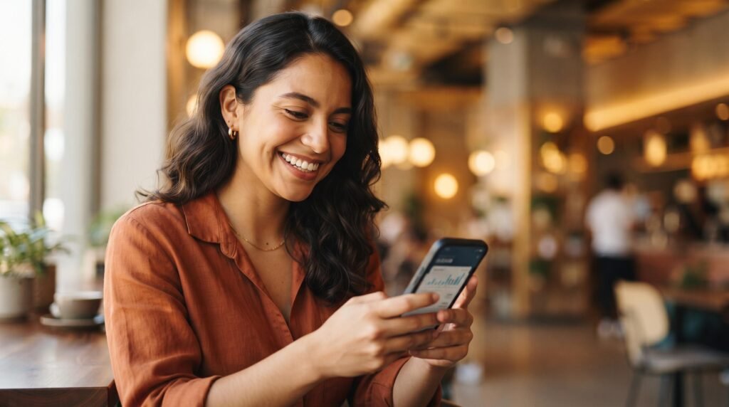 Mujer joven mexicana sonriendo con confianza mientras revisa sus finanzas en su teléfono inteligente, con un fondo moderno desenfocado en tonos cálido