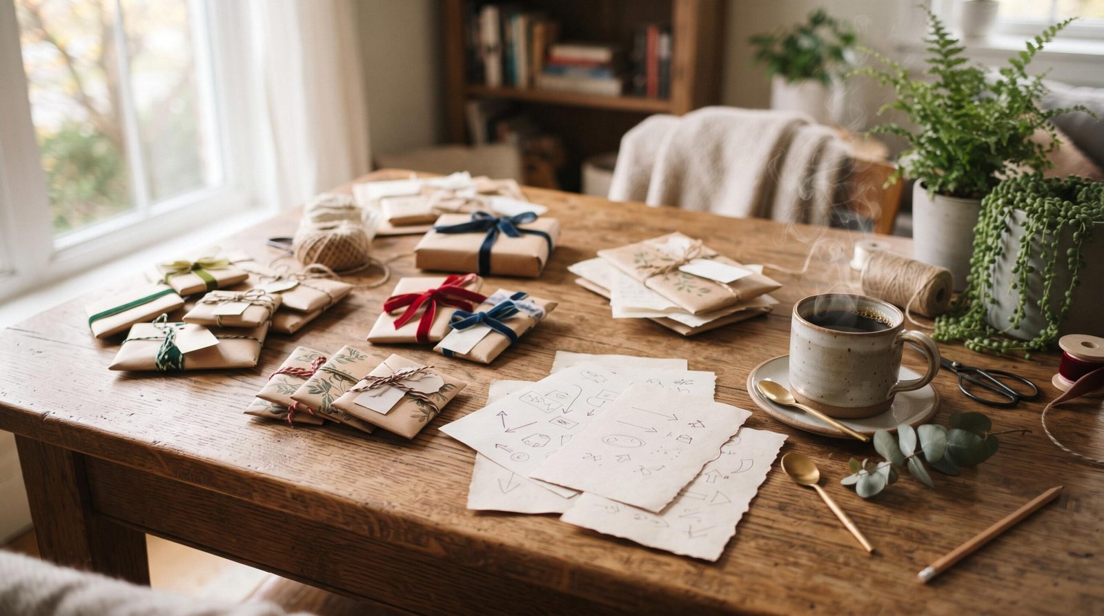 Una mesa de madera con notas escritas a mano, pequeños regalos envueltos organizados por categorías y una taza de café humeante, creando una escena cálida
