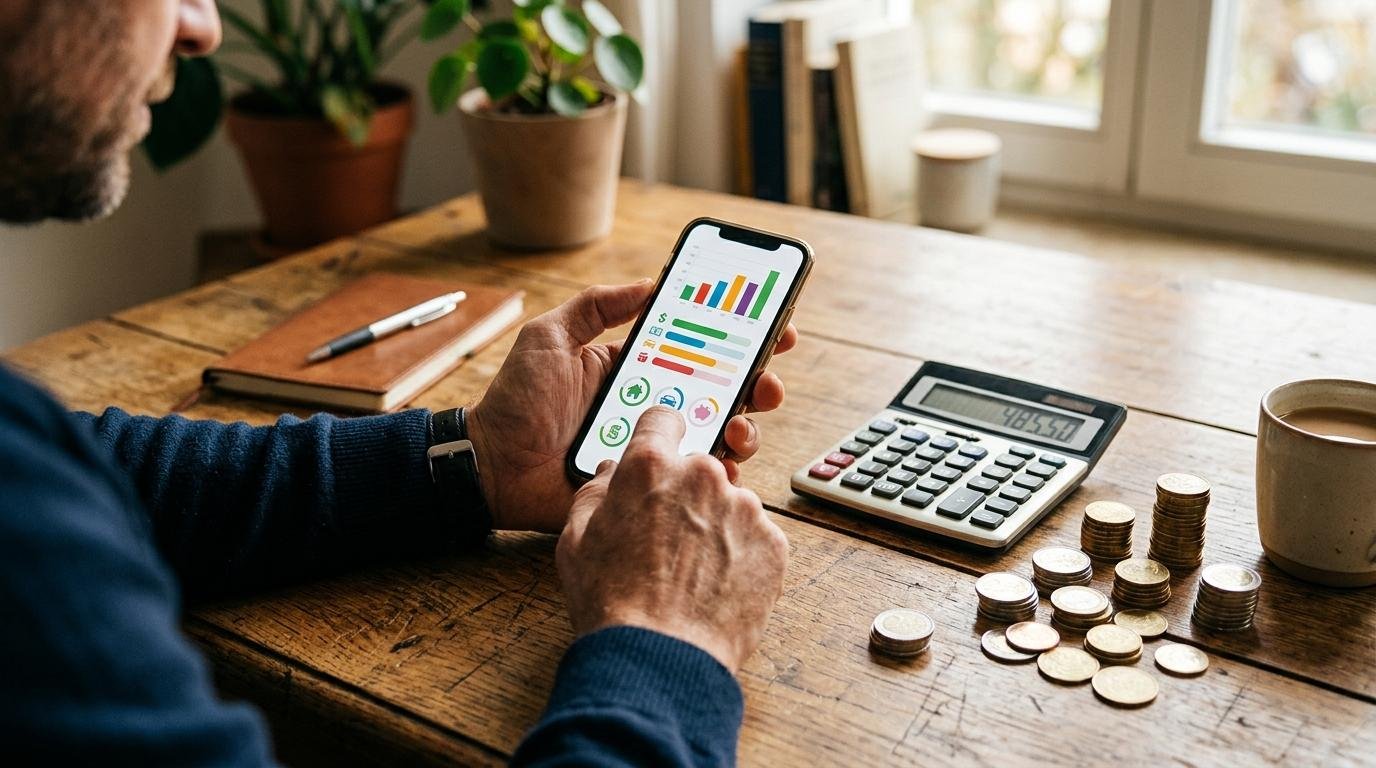 Manos usando un smartphone sobre una mesa de madera con monedas y una calculadora, representando la gestión de finanzas personales y metas económicas