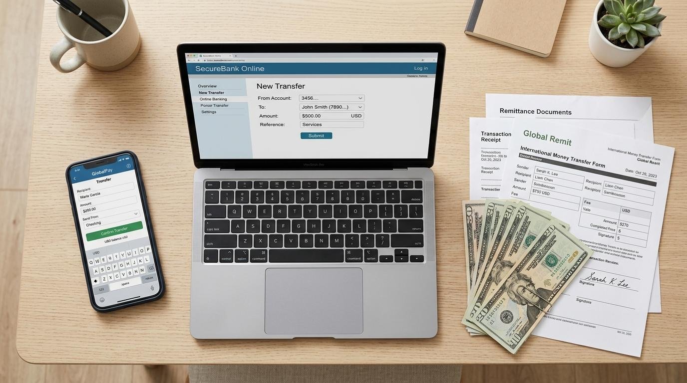Vista superior de una mesa organizada con tres métodos de envío de dinero: un teléfono móvil abierto en una app de transferencias, una laptop 