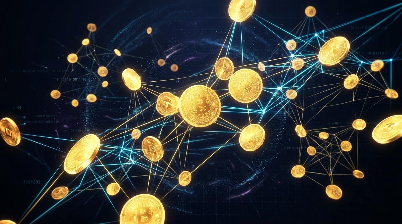 Bitcoin para principiantes: qué saber antes de comprar tu primera criptomoneda 1 Representación visual abstracta de monedas digitales doradas flotando sobre un fondo oscuro con líneas de conexión iluminadas formando una red