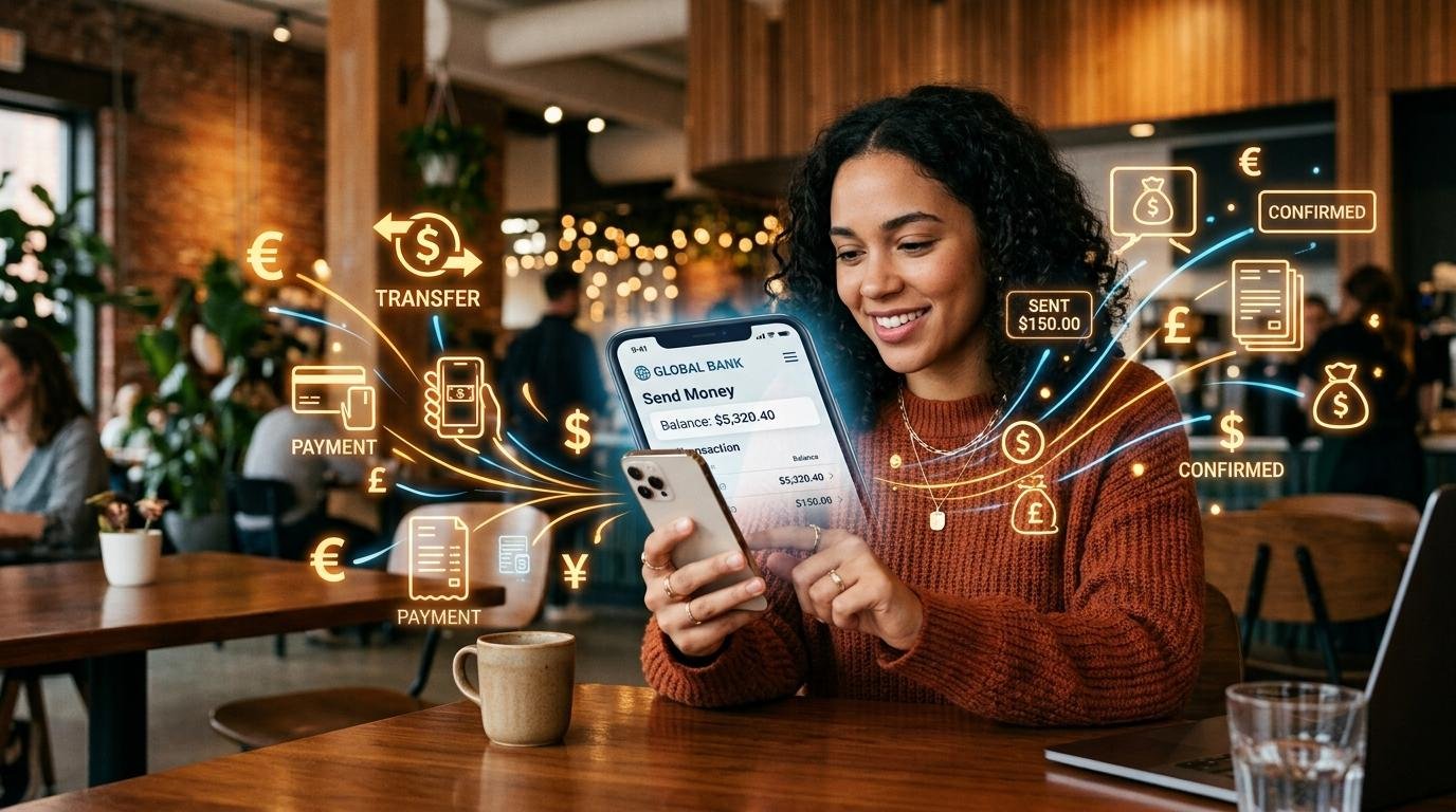 Cómo el SAT rastrea transacciones digitales en México y qué debes saber al respecto 1 Una persona usando una aplicación bancaria en su smartphone mientras iconos digitales flotantes representan transferencias de dinero y pagos electróni