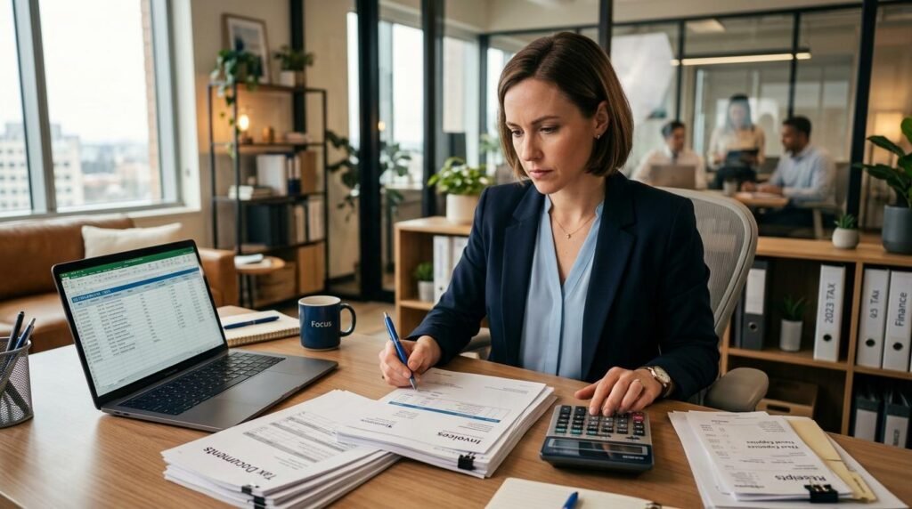 Persona profesional sentada en una oficina moderna revisando documentos fiscales con una calculadora y una laptop abierta, con expresión seria mientra
