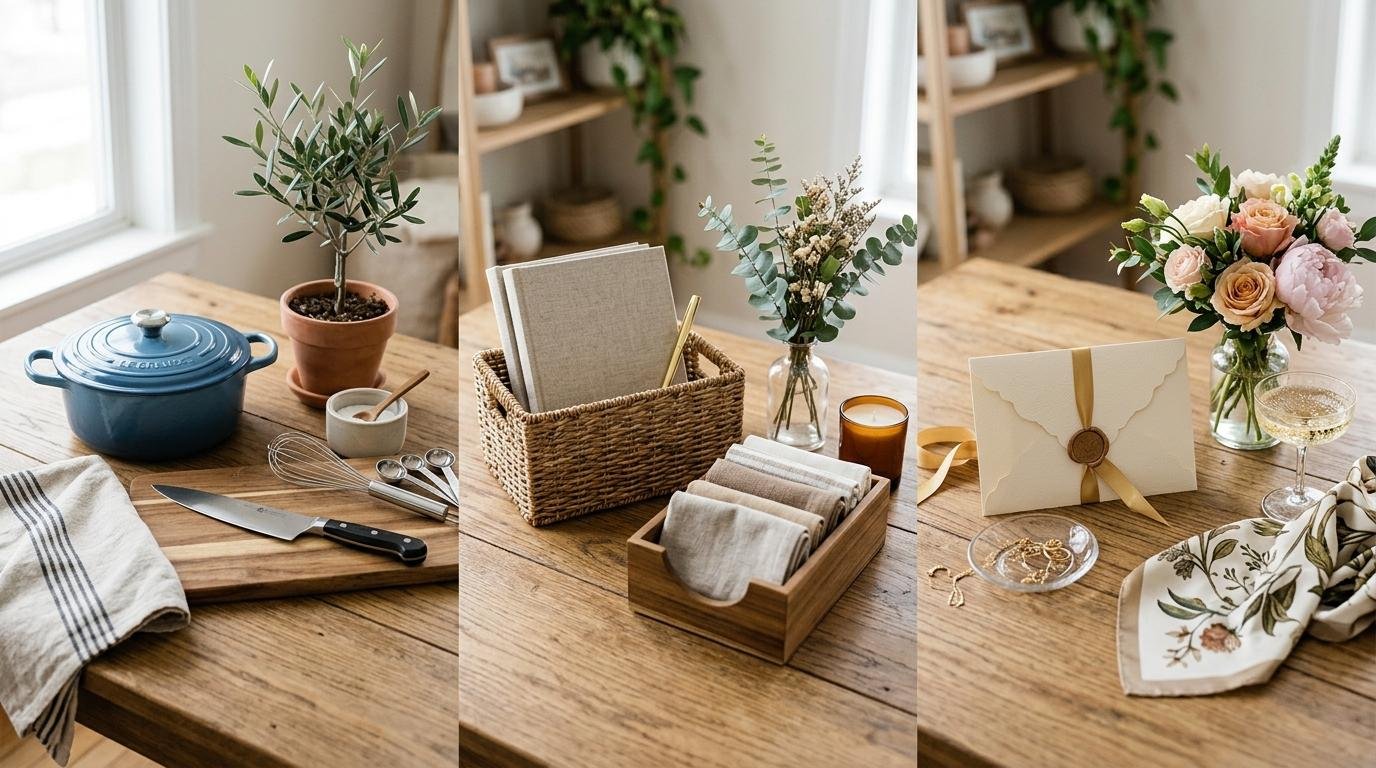 Una superficie organizada con diferentes tipos de regalos: artículos prácticos de cocina, un organizador hogareño y una invitación elegante
