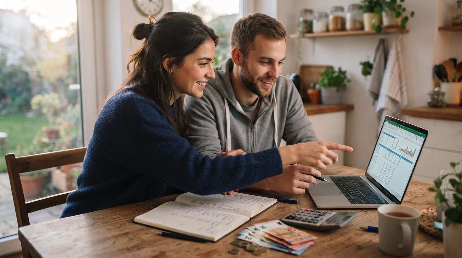 Una pareja revisando juntos una laptop en la mesa de la cocina, con calculadora, billetes y una libreta abierta donde se ven anotaciones de presupuesto
