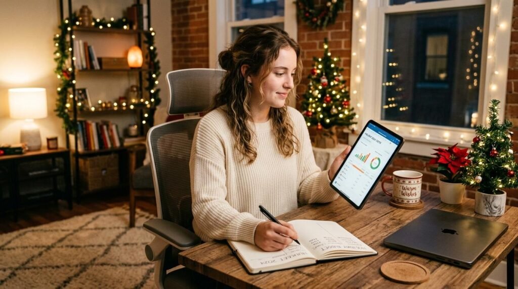 Una persona joven sentada en una sala moderna con iluminación cálida, revisando una tablet y una libreta de presupuesto junto a decoraciones navideñas