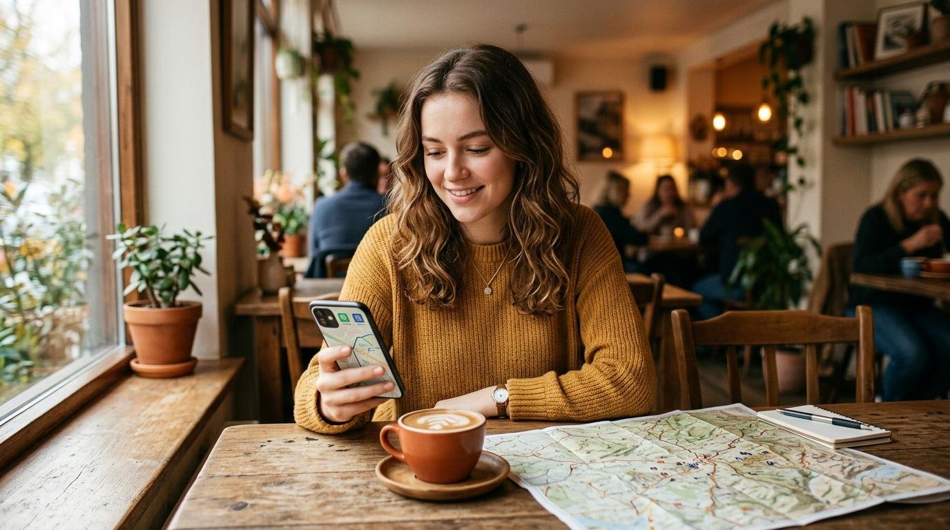 Mejor forma de llevar dinero al extranjero: opciones según tu tipo de viaje 1 Una persona joven sentada en una cafetería revisando su teléfono móvil con aplicaciones de banca y viajes abiertas, junto a un mapa de papel y una taza de café