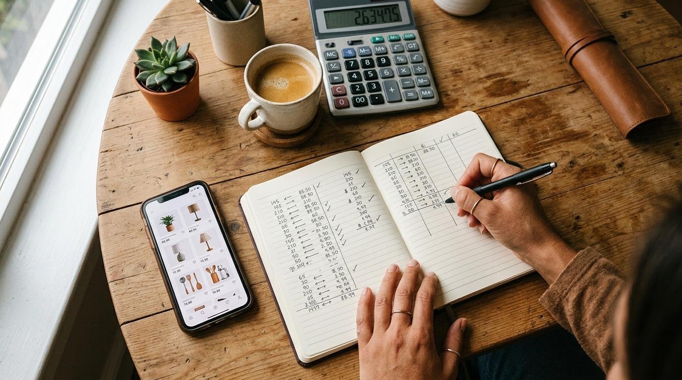 Vista superior de una mesa de madera con smartphone mostrando una lista de productos, una calculadora, una taza de café y manos escribiendo un presupuesto
