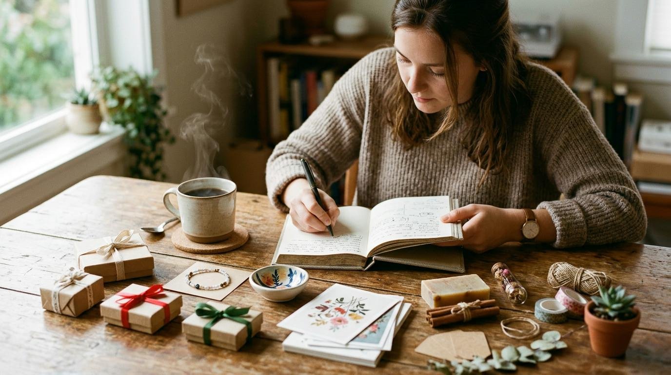 Una persona escribiendo en una libreta junto a una taza de café caliente, con varias opciones de regalos pequeños organizados sobre una mesa de madera
