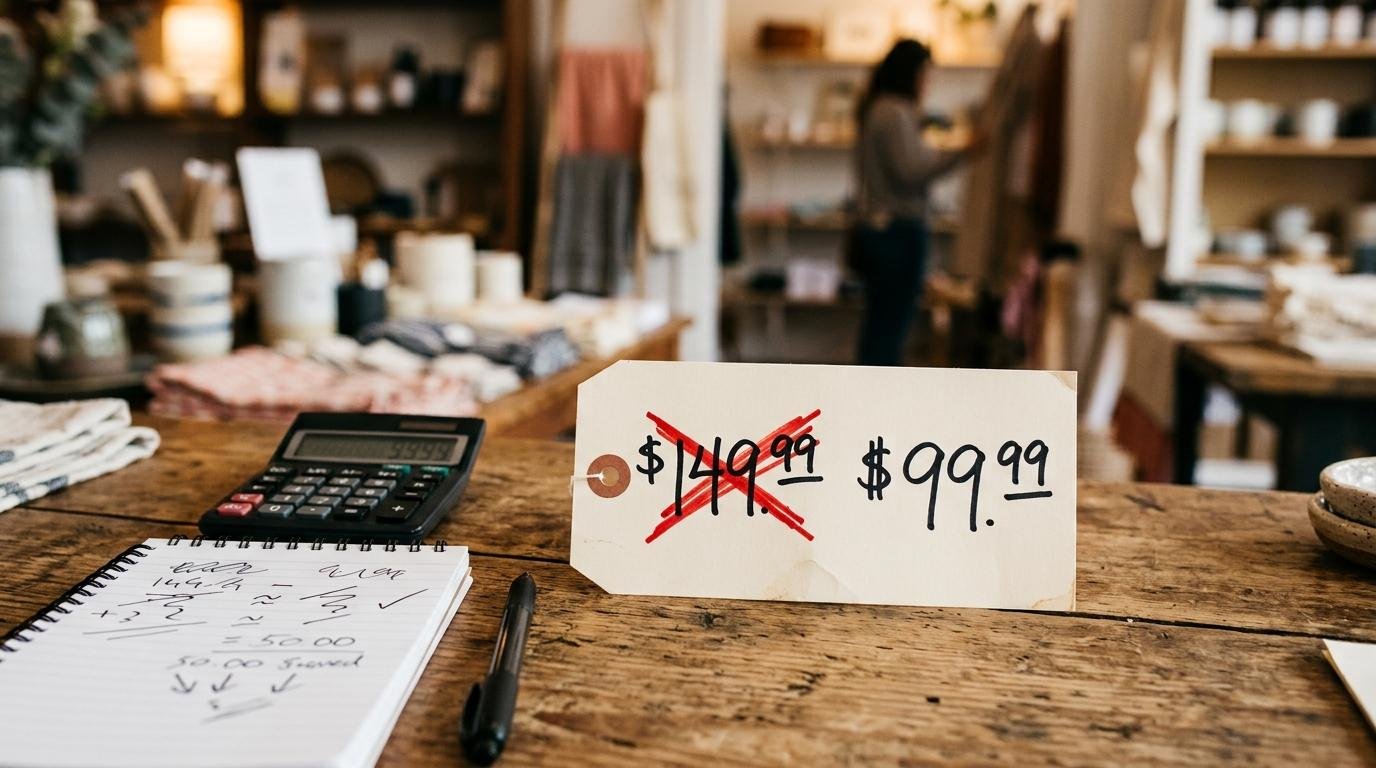 Etiqueta de precio tachado con un marcador rojo sobre un mostrador de tienda, mostrando un precio de anclaje inflado junto a un precio de oferta