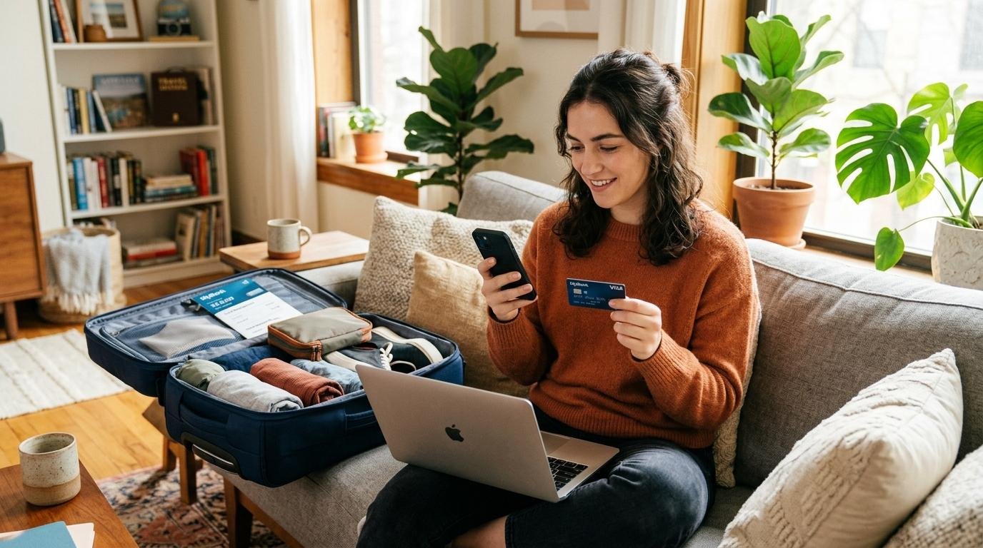 Persona sentada con un laptop y un smartphone revisando la app bancaria de su tarjeta, con una maleta abierta a medio empacar al lado
