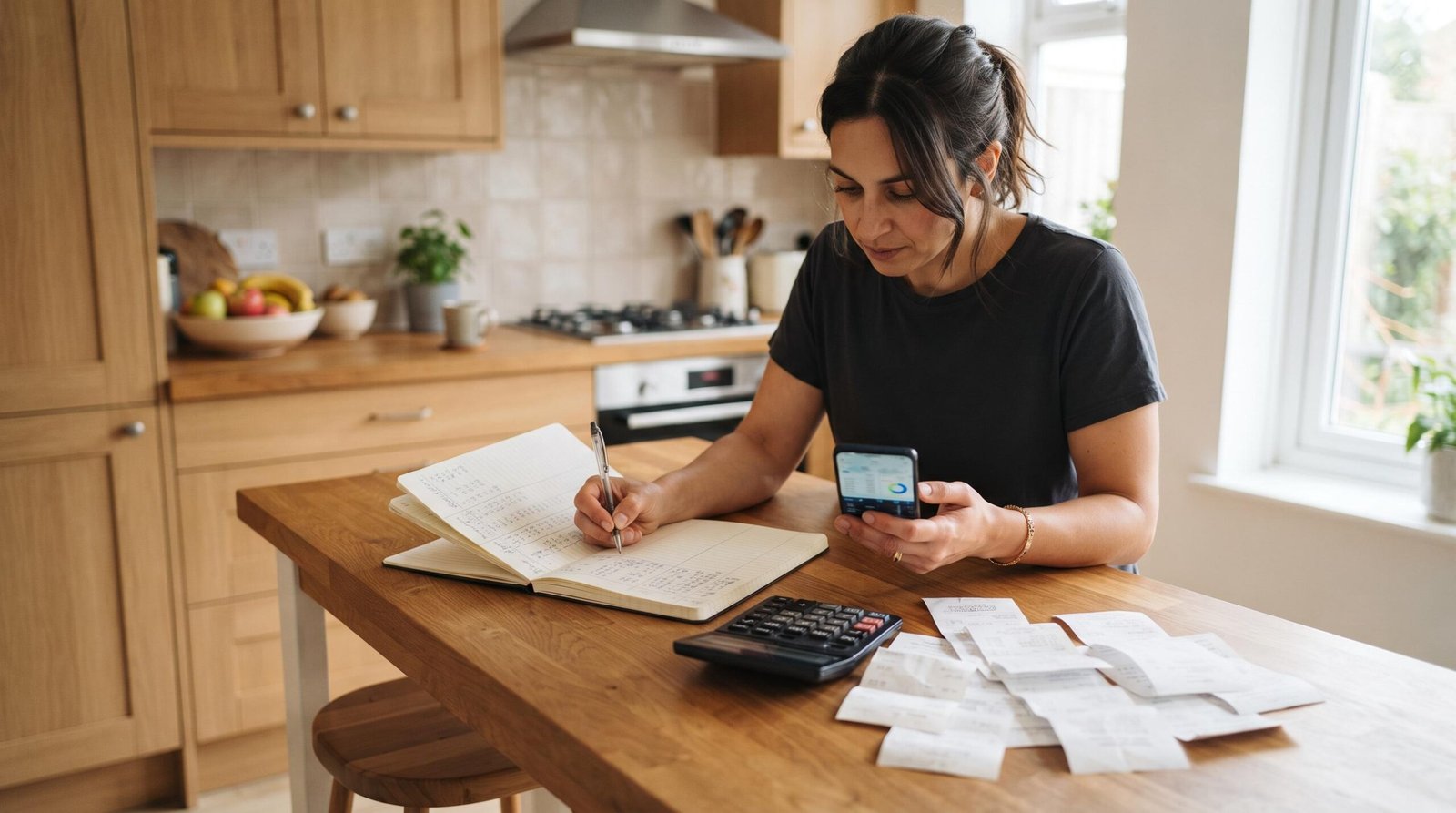 Una persona anotando números en una libreta mientras revisa su teléfono móvil en una cocina moderna y luminosa, con una calculadora y recibos sobre la mesa
