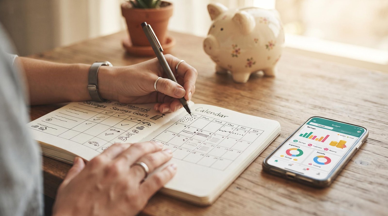 Primer plano de manos escribiendo en una libreta con metas de ahorro y calendario visible, junto a un smartphone con una app de presupuesto abierta 
