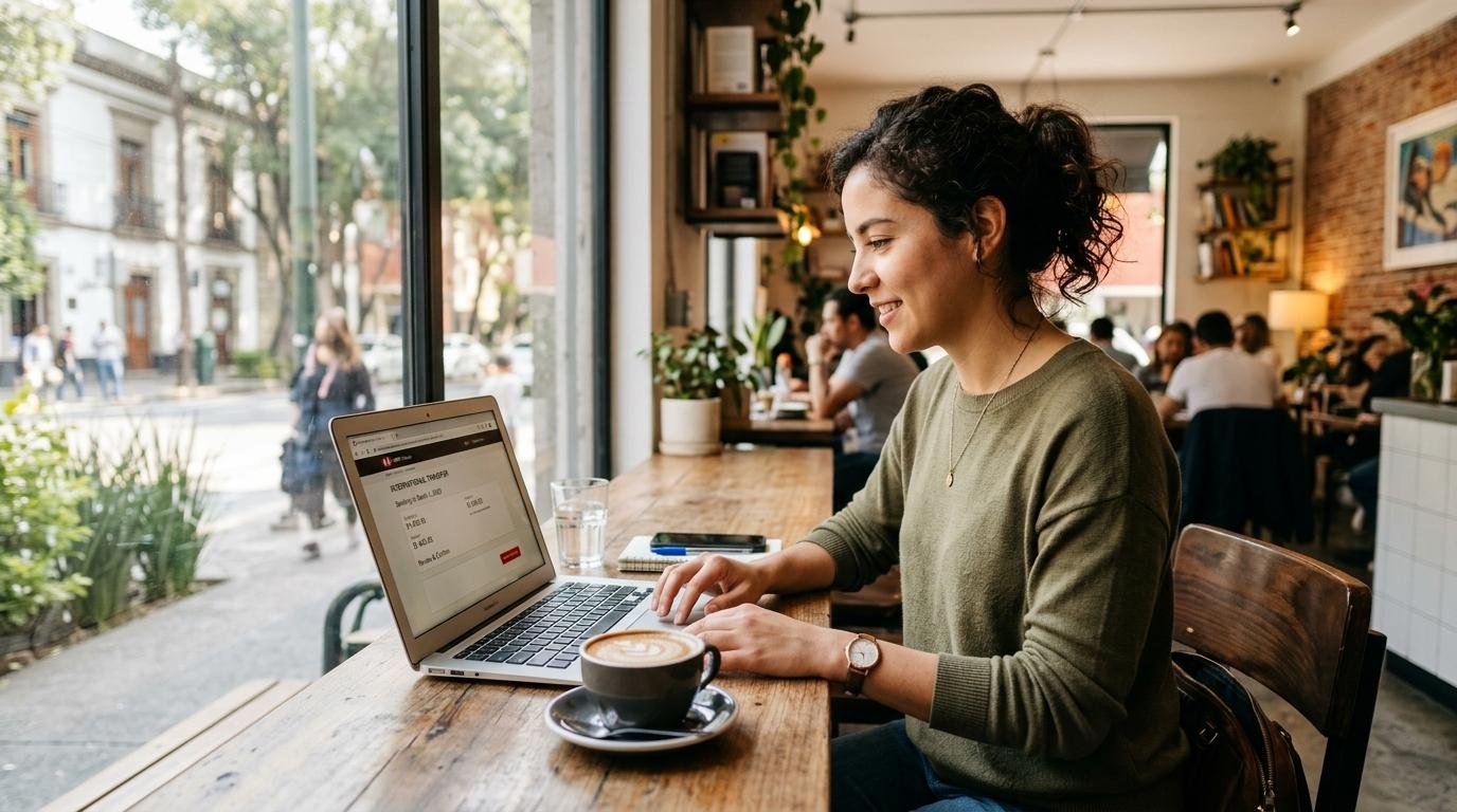 Una persona joven completando una transferencia internacional desde su computadora portátil en un café moderno de la Ciudad de México, con una taza de café 