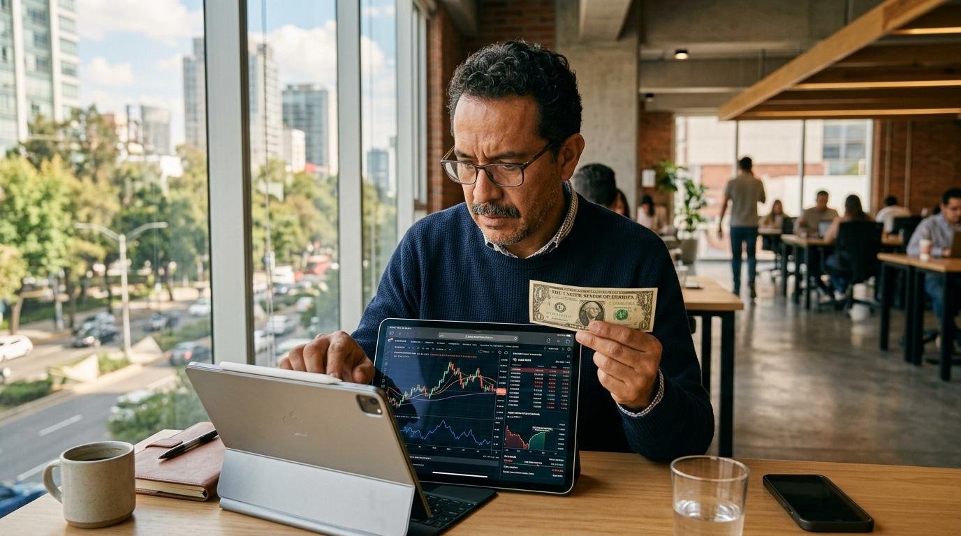 Persona con gafas sostiene billete de dólar frente a tablet mostrando gráficos financieros en oficina moderna con ventanales
