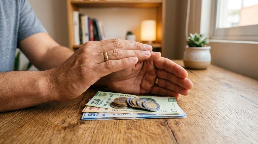 Persona con anillos en las manos sobre billetes y monedas en una mesa de madera