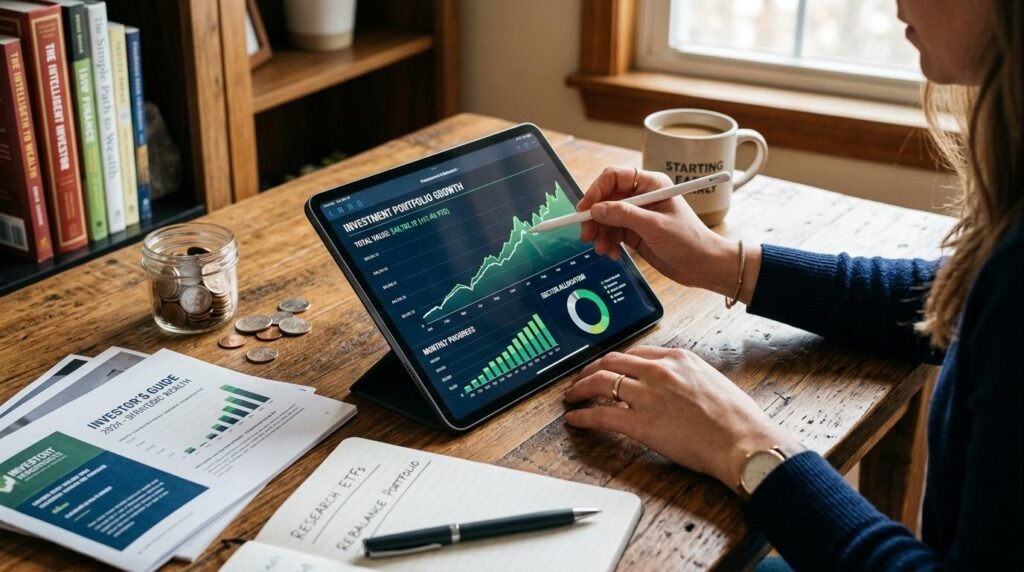 Persona usando tableta con gráficos financieros, rodeada de monedas, documentos y cuaderno en escritorio de madera