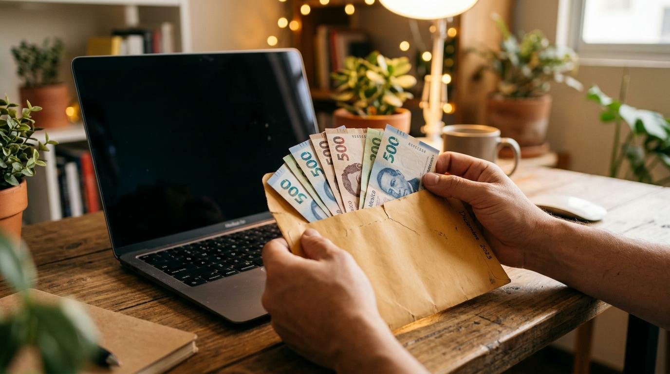 Primer plano de unas manos sosteniendo un sobre con billetes de pesos mexicanos asomando, frente a una laptop moderna en un entorno de oficina acogedo
