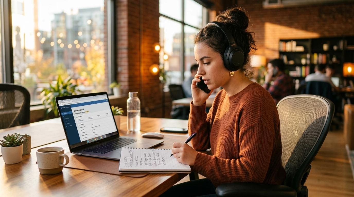 Cómo detectar dobles cobros en compras online y reclamar tu reembolso paso a paso 2 Mujer joven hablando por teléfono con auriculares mientras toma notas en una libreta frente a su computadora portátil, en un espacio de trabajo modern