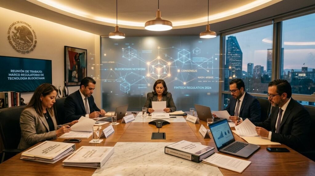 Una oficina gubernamental moderna en México con documentos legales sobre una mesa de conferencias elegante, gráficos digitales de blockchain proyectados