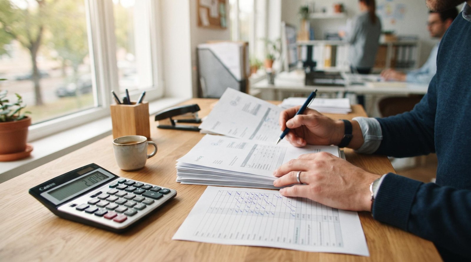 Señales de que tu pyme necesita más capital y cómo detectarlas a tiempo 2 Escritorio de trabajo de una pyme con facturas impresas, una calculadora y manos revisando los pagos pendientes a proveedores
