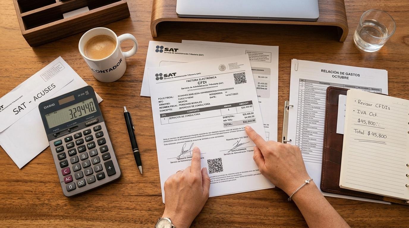 Vista superior de documentos fiscales mexicanos y una calculadora sobre un escritorio, con una persona señalando una factura electrónica impresa, tono